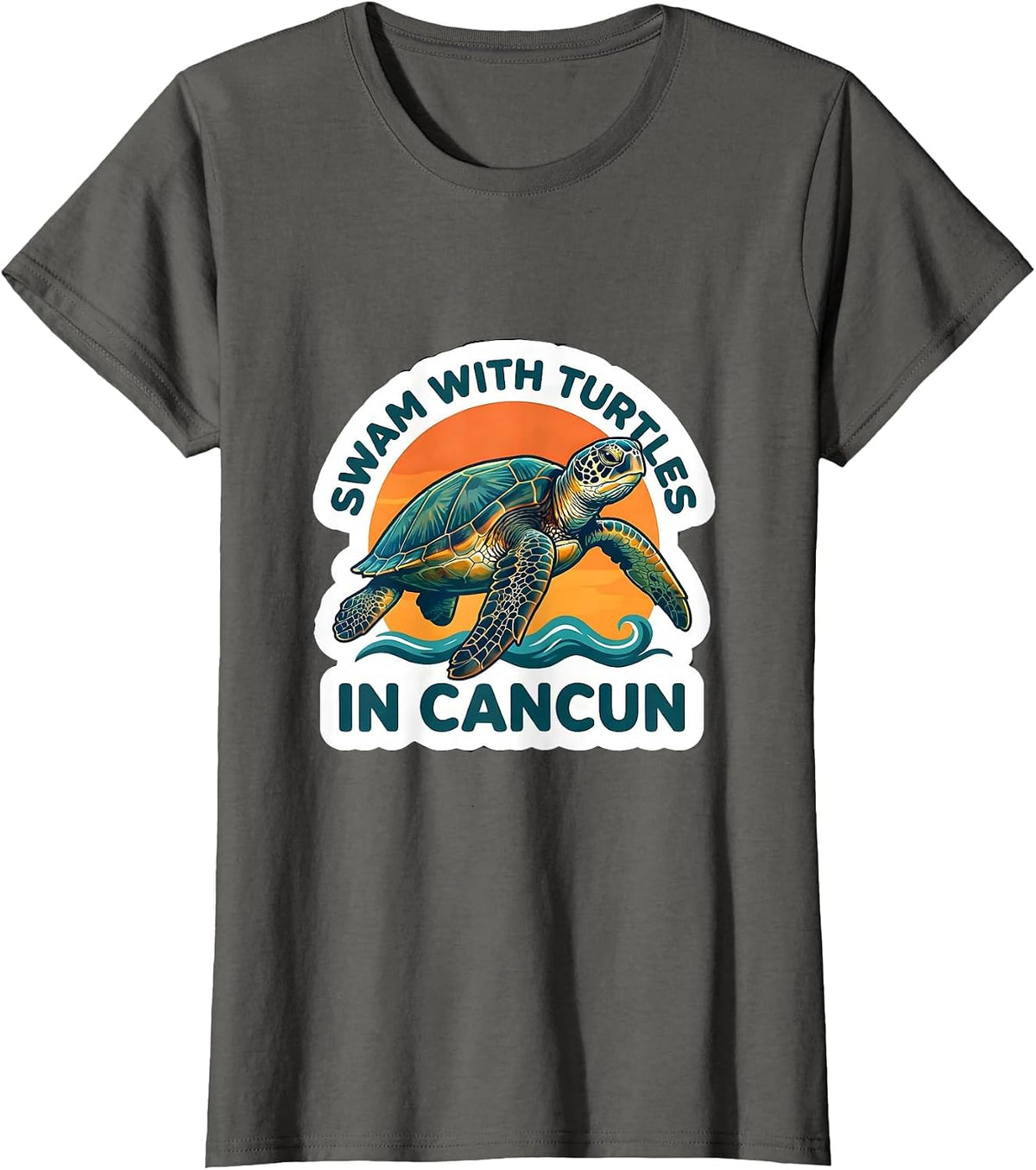Women's Swam With Turtles In Cancun Sticker Style Tropical Souvenir T-Shirt - Asphalt Grey