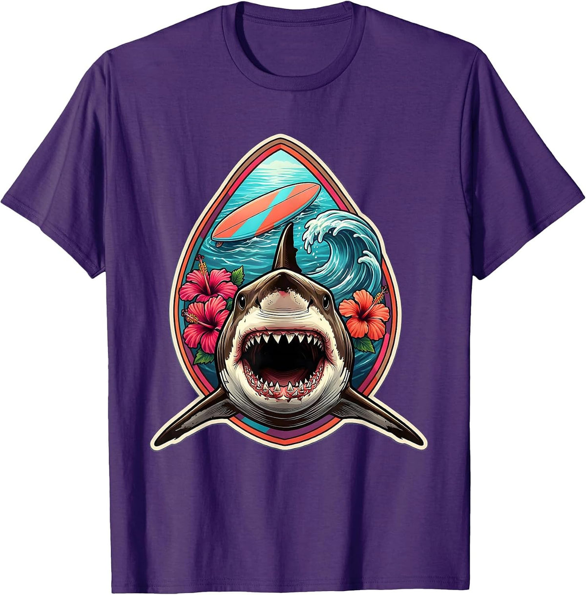 Great White Shark Under Surfboard Hawaii Design T-Shirt - Purple