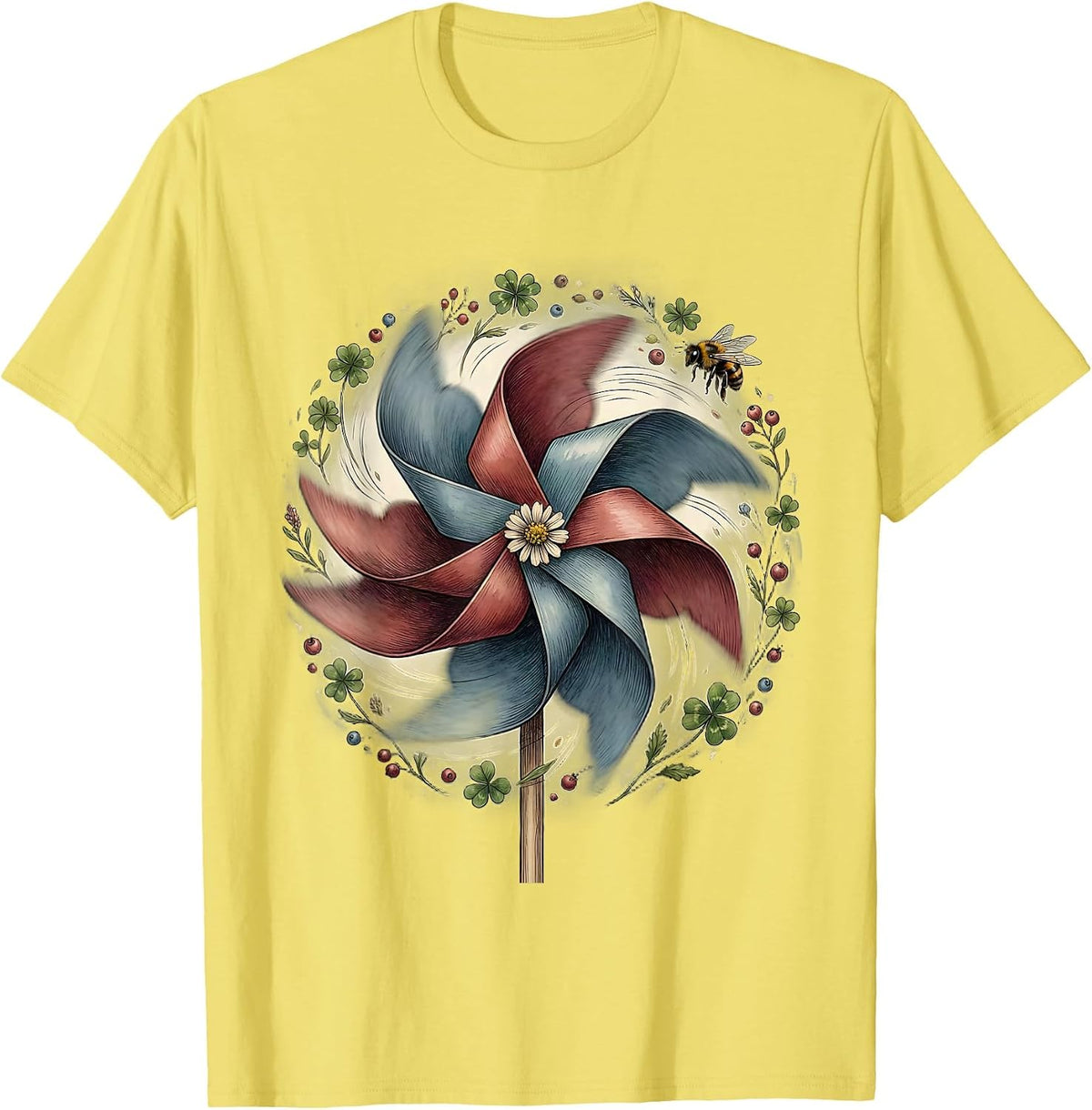 Men's Red White Blue Pinwheel Garden Wind Illustration T-Shirt - Lemon Yellow