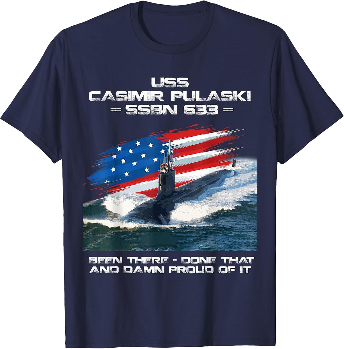 USS Casimir Pulaski SSBN-633 American Flag Submarine Veteran T-Shirt - Navy Blue