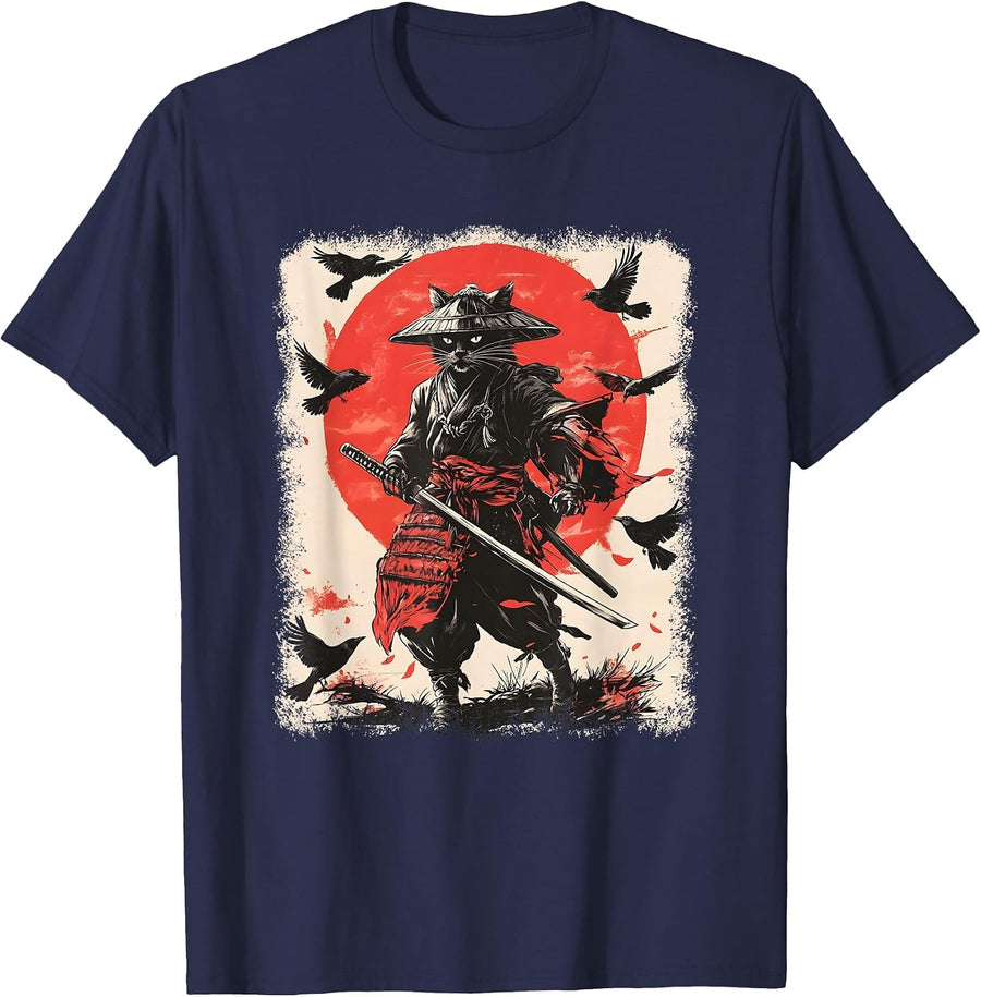 Samurai Cat, Japanese Warrior Art | Anime & Vintage Samurai T-Shirt - Navy Blue