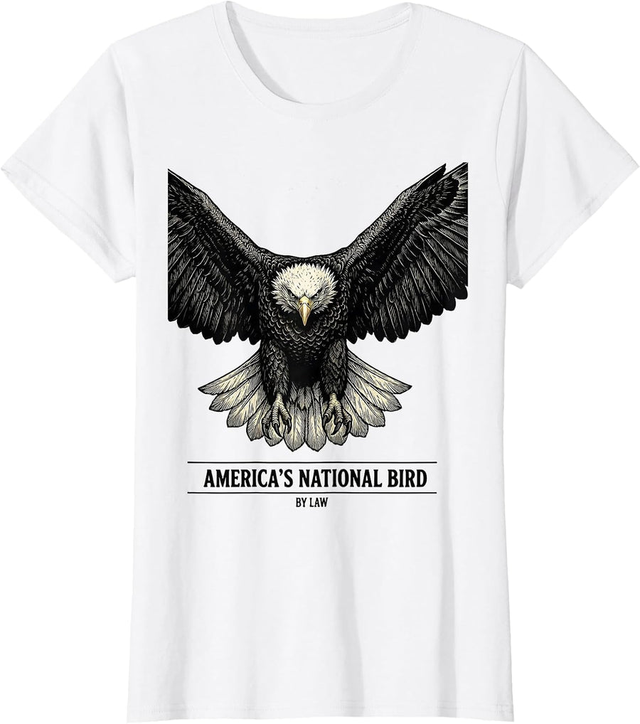 Women's America's National Bird By Law Woodcut Engraving Bald Eagle T-Shirt - White