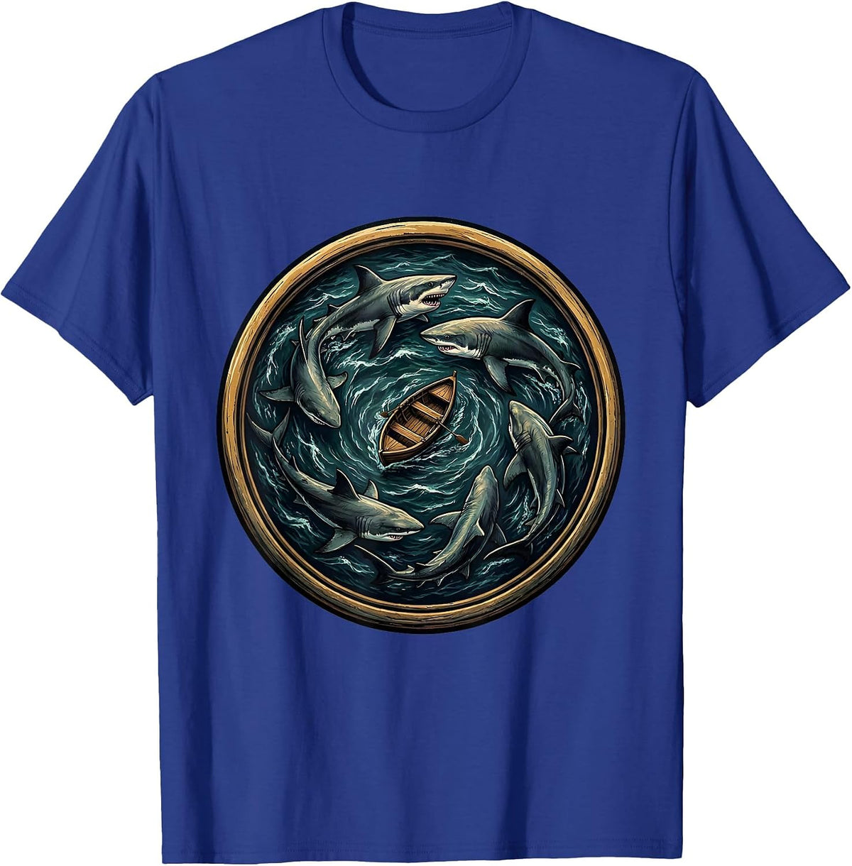 Pack of Sharks Circling a Boat Graphic T-Shirt - Royal Blue