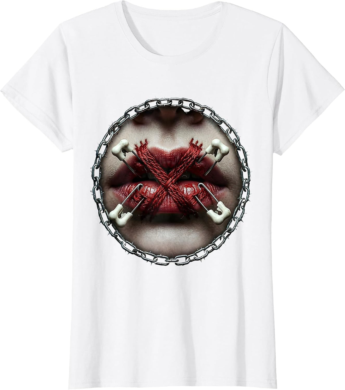 Emo Stitched Mouth Safety Pin Graphic T-Shirt - White