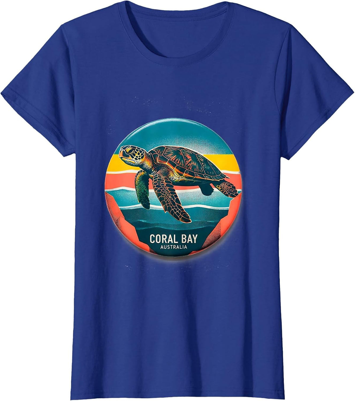 Women's Coral Bay Australia Risograph Sea Turtle Beach Souvenir T-Shirt - Royal Blue
