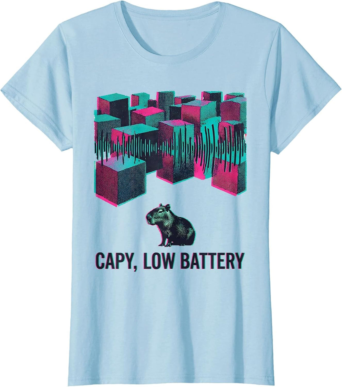 capy low battery Risograph Capybara Meme Animal Humor T-Shirt - Baby Blue