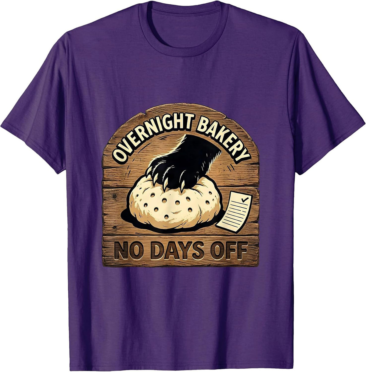 Men's Overnight Bakery No Days Off Funny Black Cat Baking Humor T-Shirt - Purple