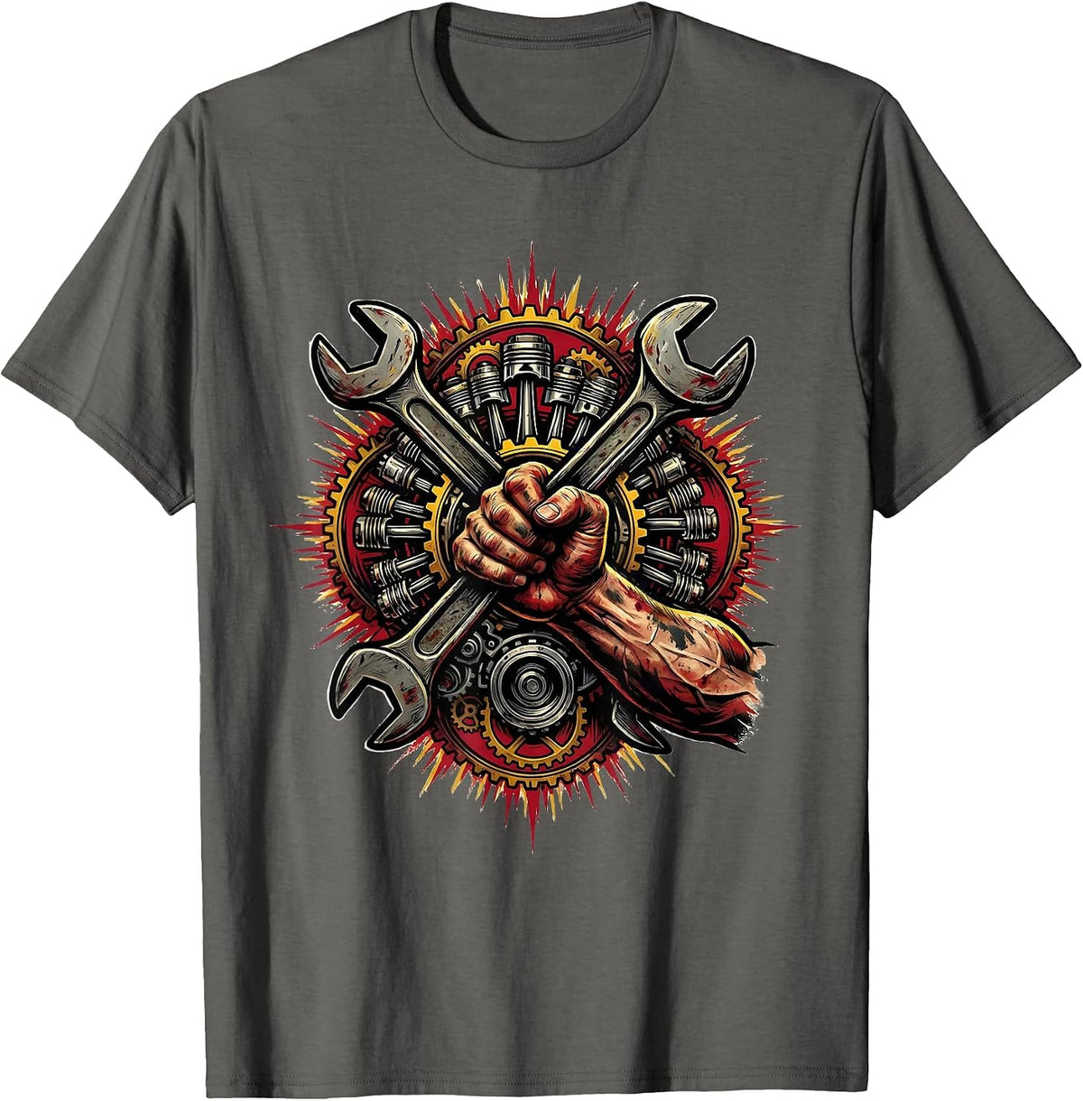 Men's Mechanic Peering Under Car Hood Illustration T-Shirt - Asphalt Grey