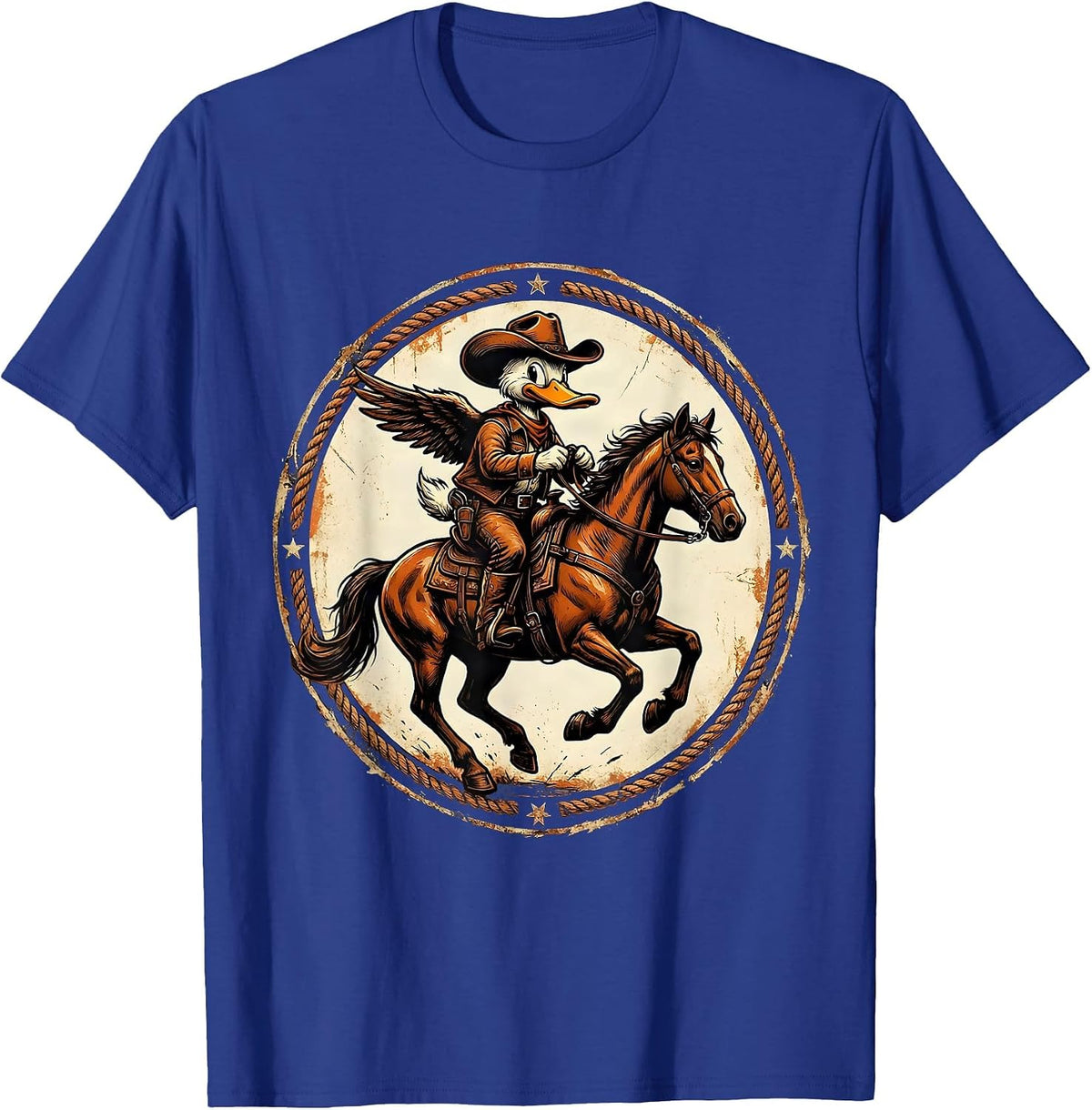 Duck in Cowboy Hat on Horseback Western Art T-Shirt - Royal Blue
