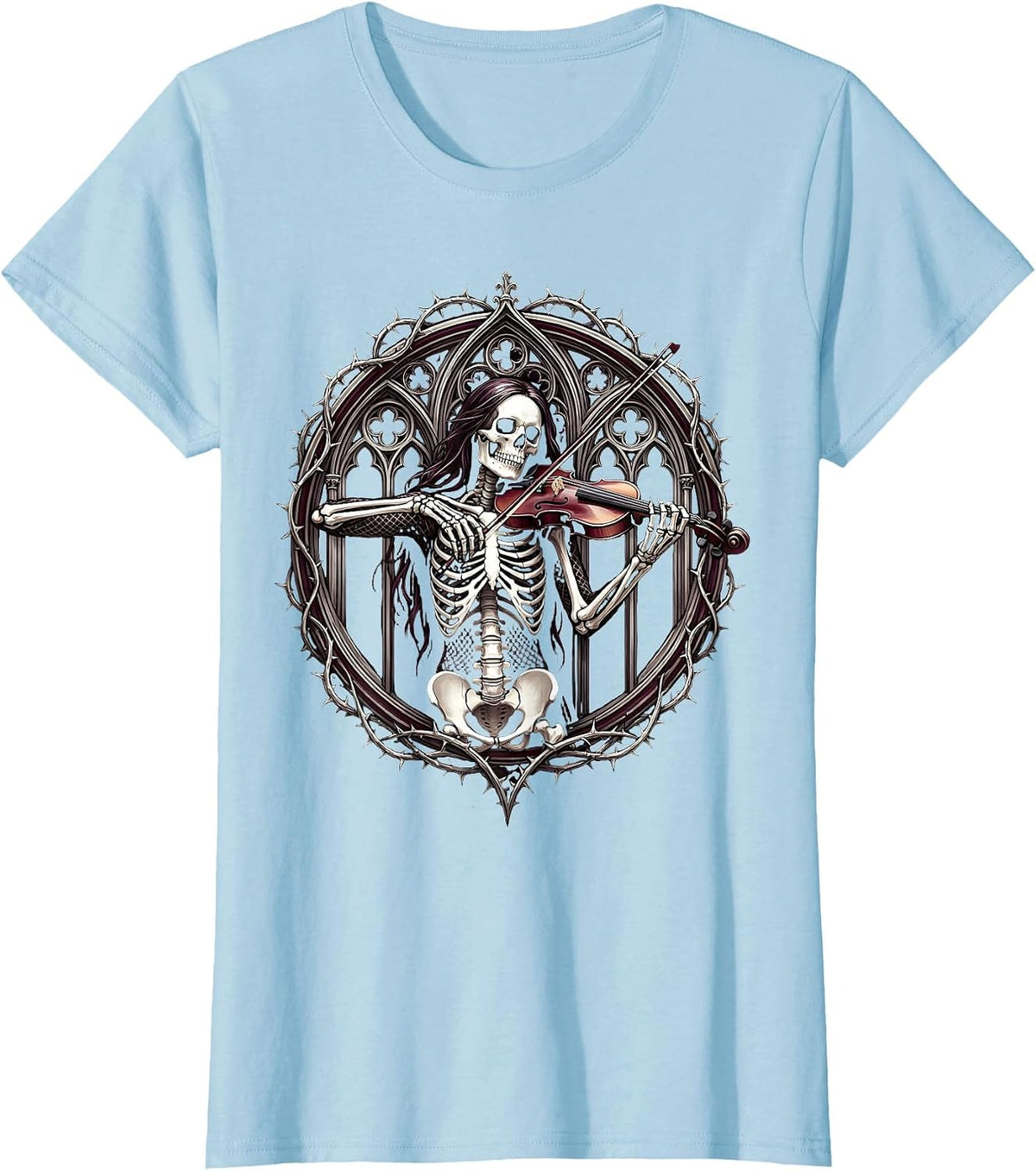 Skeletal Violinist Rock Band Fishnet Graphic T-Shirt - Baby Blue