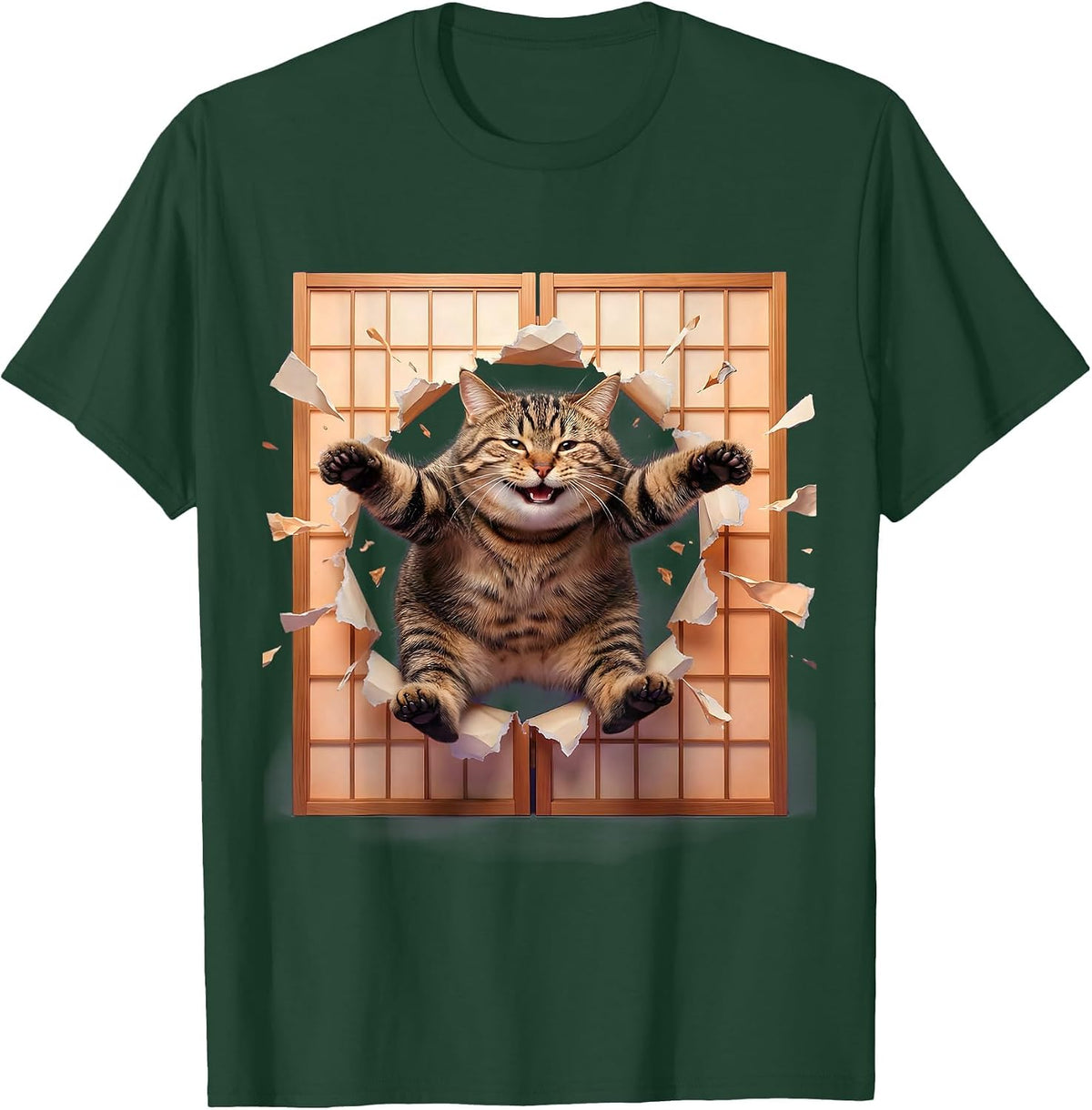 Men's Tabby Cat Leaping Through Shoji Screen T-Shirt - Dark Green