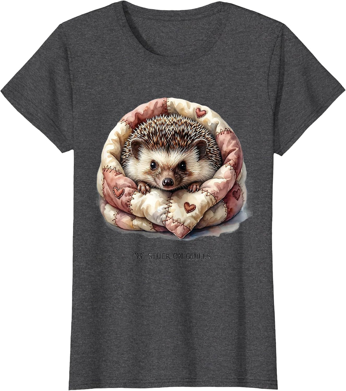 Women's I'm Stuck On Quills Cute Hedgehog Lover Cartoon Humor T-Shirt - Dark Heather Grey