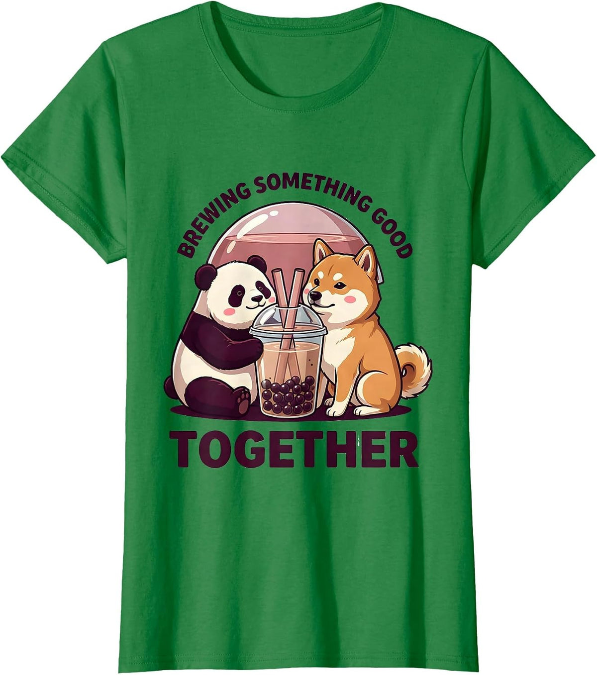 Women's Brewing Something Good Together Cute Panda Kawaii Boba Tea T-Shirt - Kelly Green