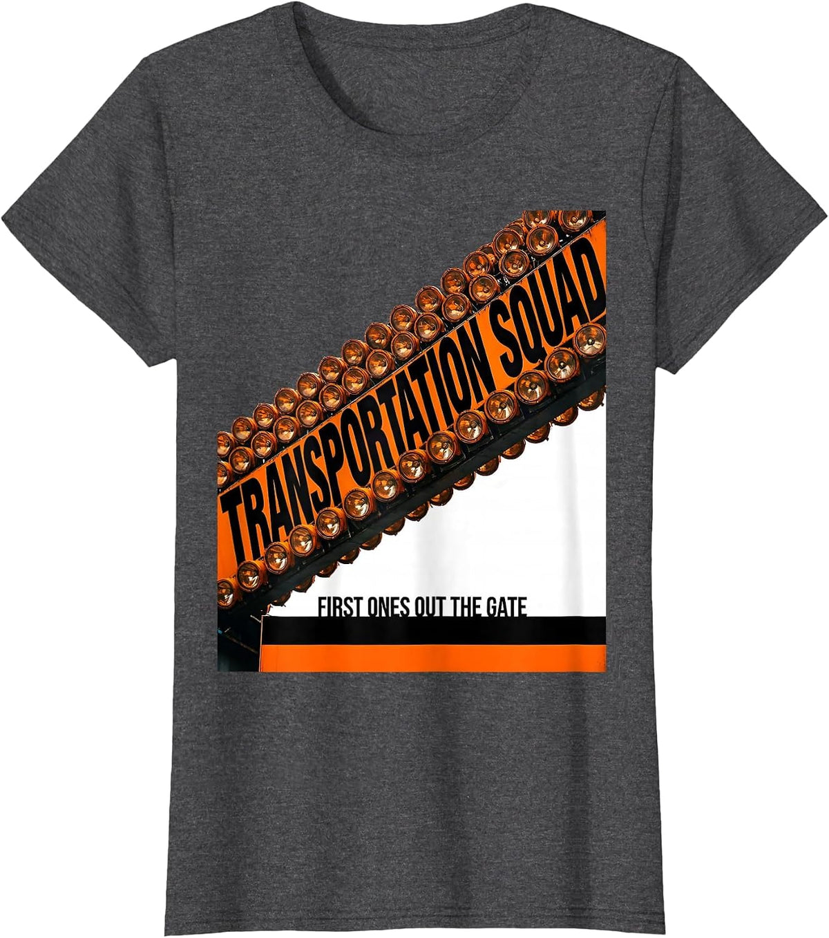 Women's Transportation Squad, First Ones Out The Gate School Bus T-Shirt - Dark Heather Grey