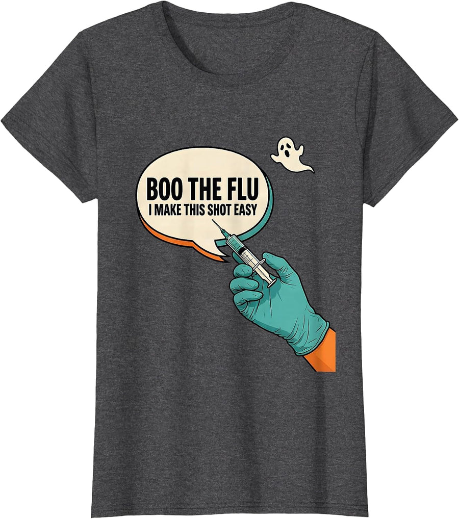 Women's Boo the Flu I Make This Shot Easy Funny Halloween Nurse T-Shirt - Dark Heather Grey