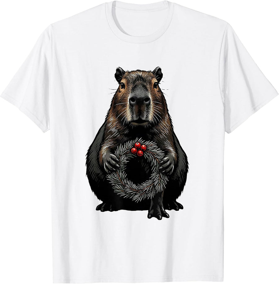 Men's Capybara Christmas Wreath Animal Lover Humor T-Shirt - White
