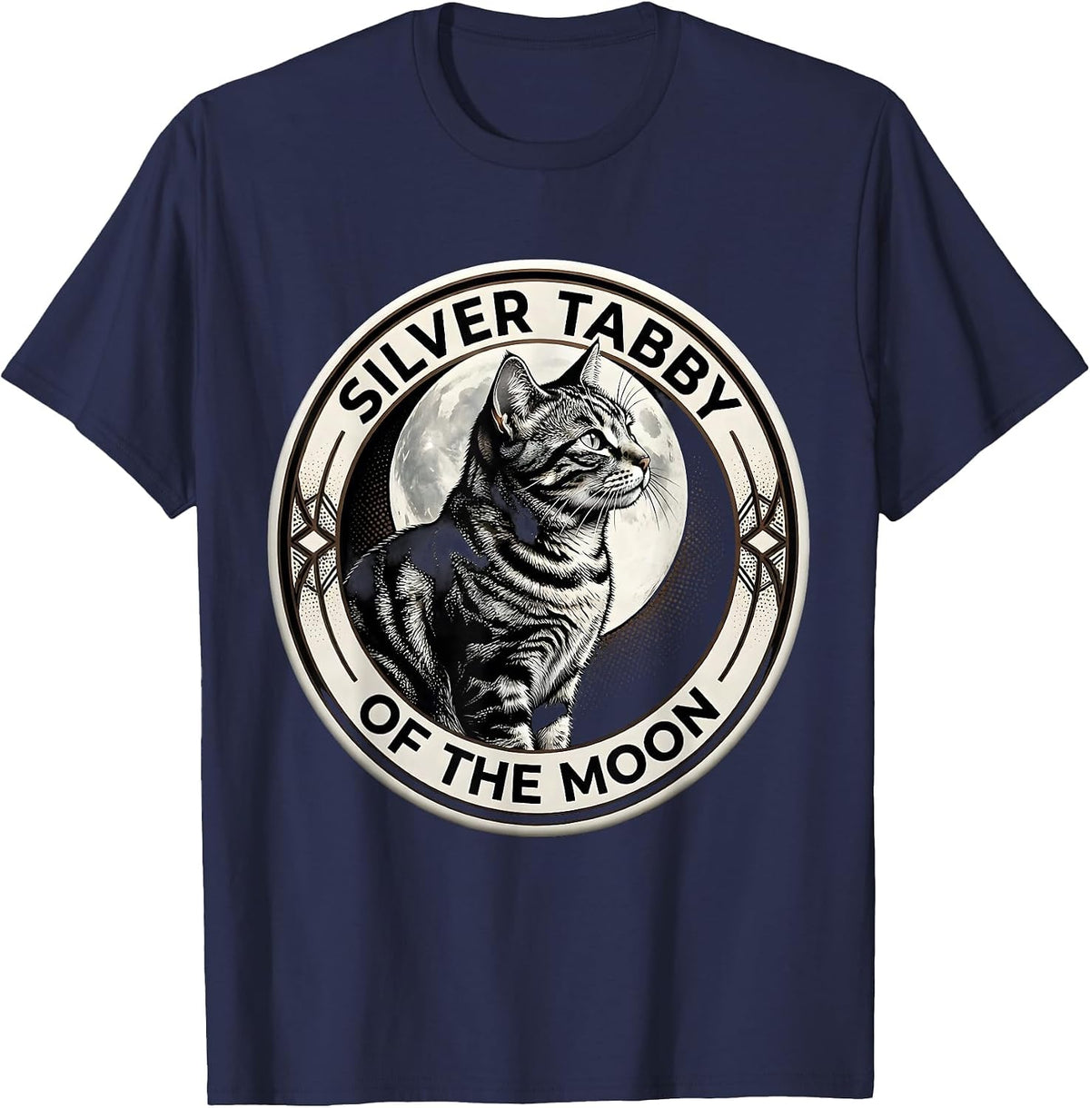 Men's Silver Tabby Of The Moon Blackwork Dotwork Cat Lover Humor T-Shirt - Navy Blue