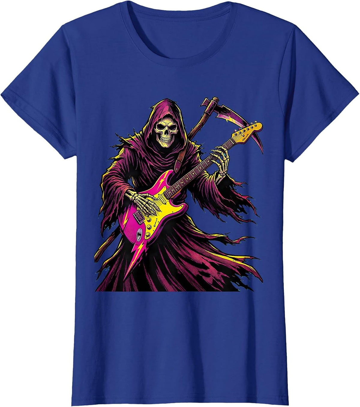 Women's Grim Reaper Electric Guitar Halloween Design T-Shirt - Royal Blue