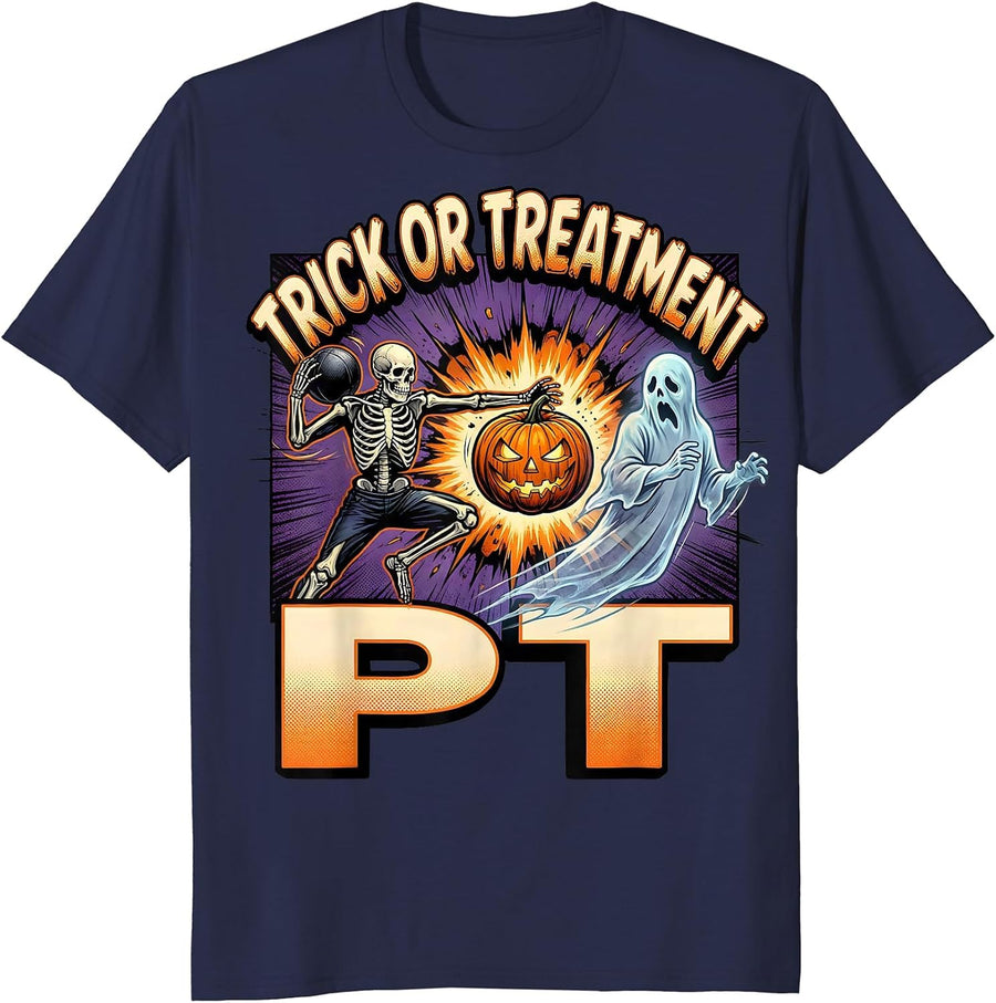 Trick Or Treatment PT Physical Therapy Halloween Therapist T-Shirt - Navy Blue