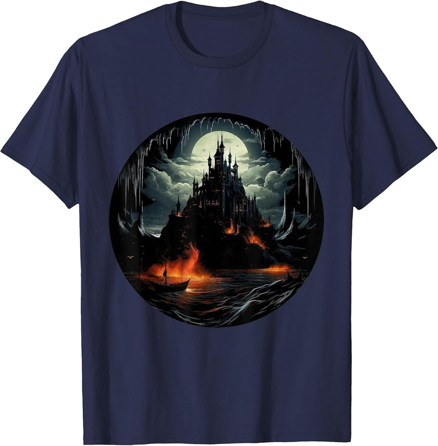 Eerie Vampire Castle and Dracula Haunted Design T-Shirt - Navy Blue