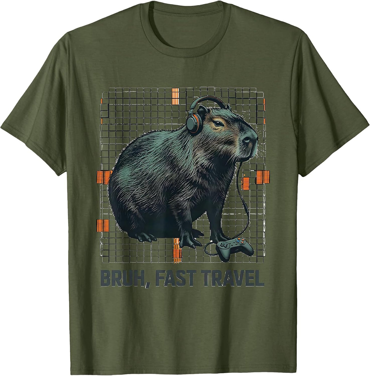 Men's Bruh, Fast Travel Editorial Conceptual Capybara Gamer Meme T-Shirt - Olive Green