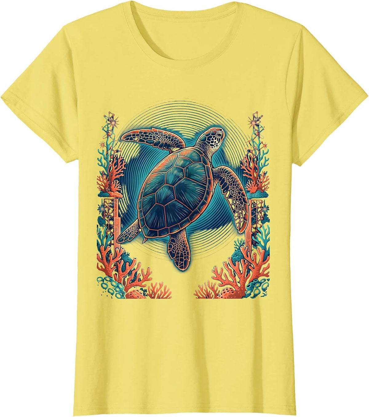 Hawaii Sea Turtle Coral Reef Illustration T-Shirt - Lemon Yellow