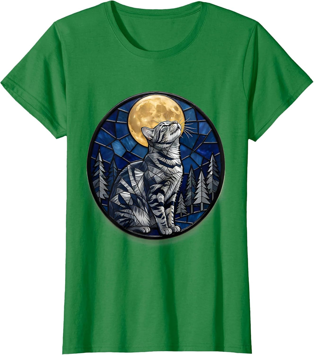 Grey Tabby Cat Howling at Moon Stained Glass 90's Retro T-Shirt - Kelly Green
