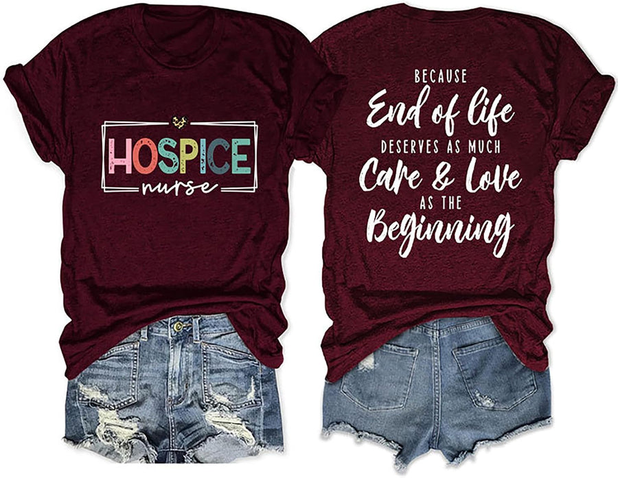 Hospice Nurse Shirts for Women Vintage Graphic Tees Healthcare Worker Inspirational Letter Print Short Sleeve Tshirt - Wine