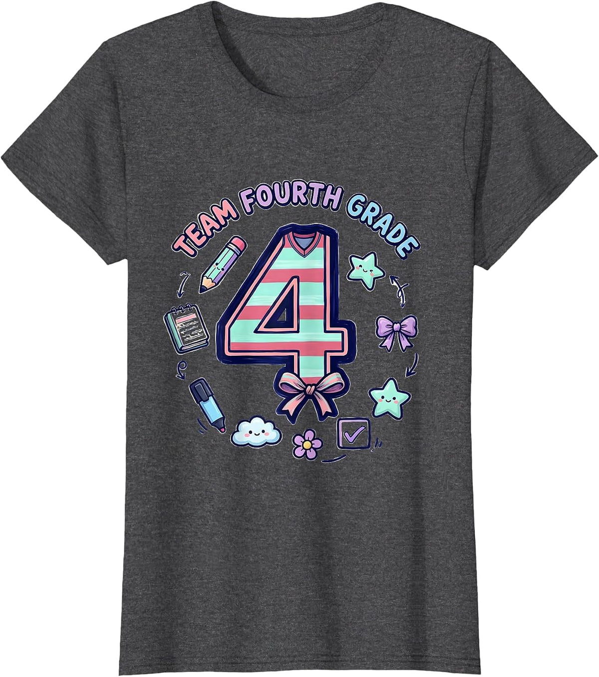 Women's Team Fourth Grade Kawaii Doodle Coquette Bow Back To School T-Shirt - Dark Heather Grey