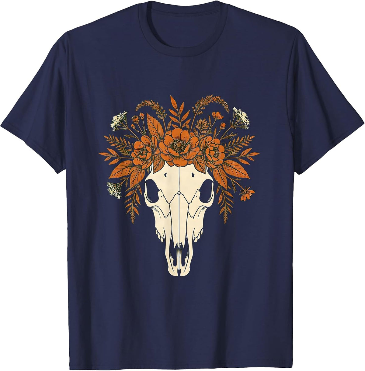 Horse Skull Flower Crown Boho Gothic Art T-Shirt - Navy Blue