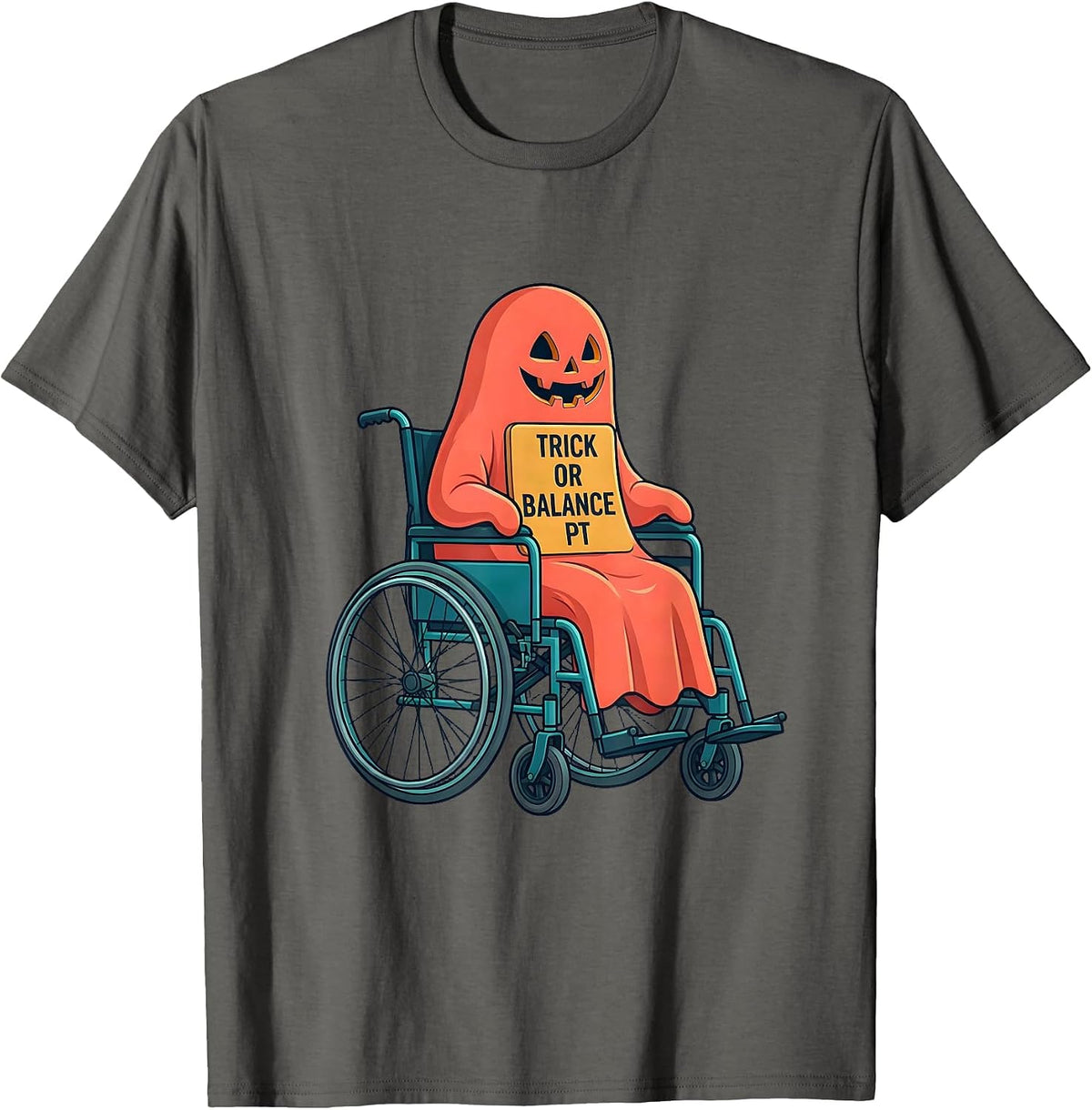 Trick Or Balance PT Funny Physical Therapy Halloween Ghost T-Shirt - Asphalt Grey