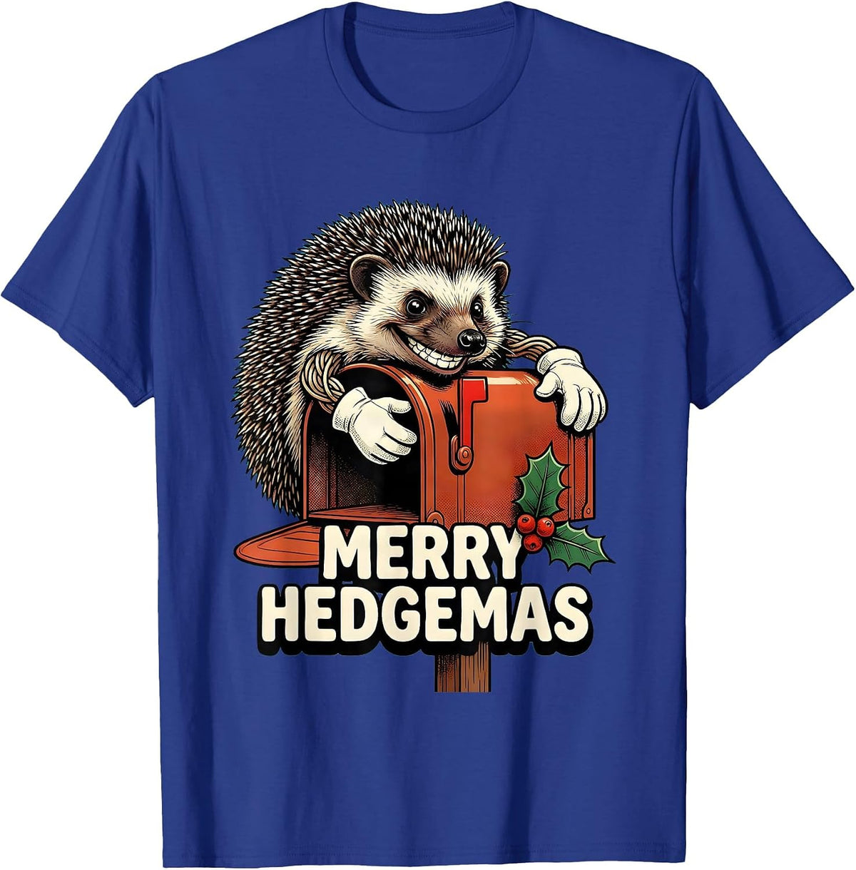 Men's Merry Hedgemas Retro Cartoon Hedgehog Christmas Humor T-Shirt - Royal Blue