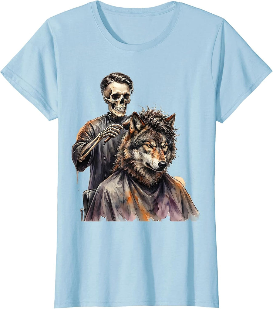 Women's Watercolor Skeleton Stylist Halloween Hair Stylist Humor T-Shirt - Baby Blue