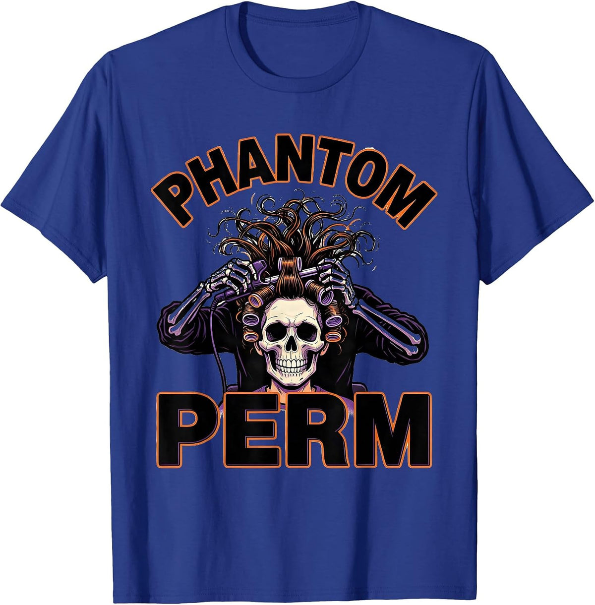 Men's Phantom Perm Cartoon Skeleton Hairstylist Halloween Barber T-Shirt - Royal Blue