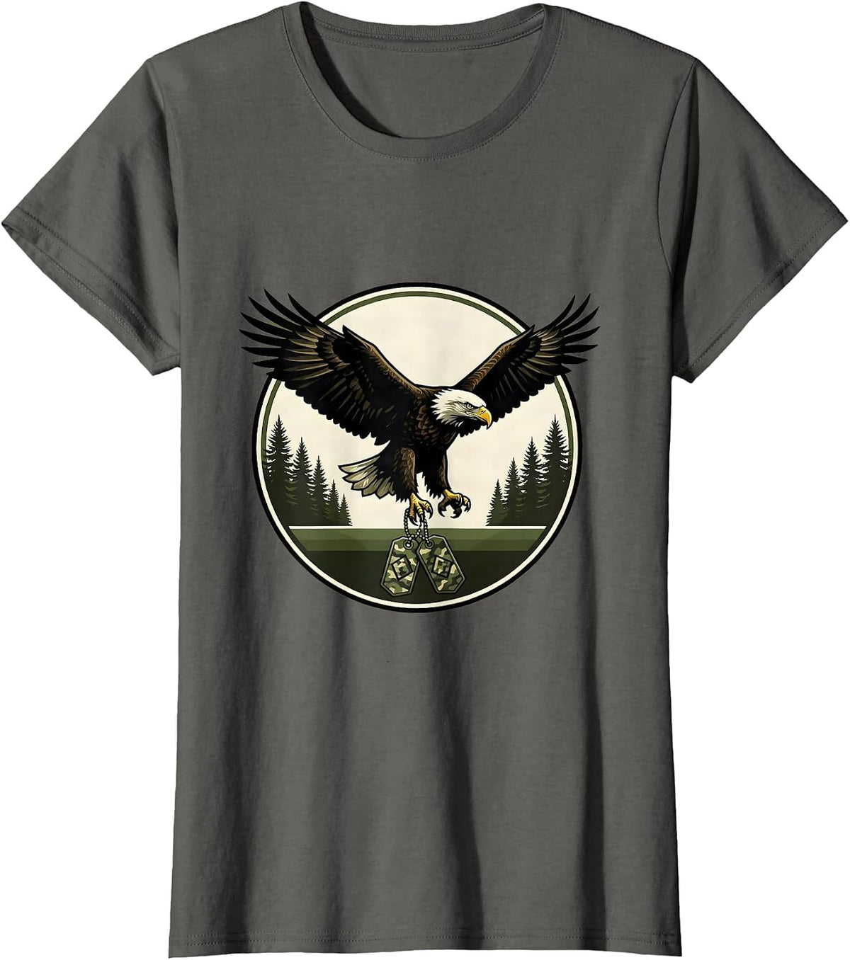 Women's Kids Camo Eagle Dog Tags Patriotic Graphic T-Shirt - Asphalt Grey