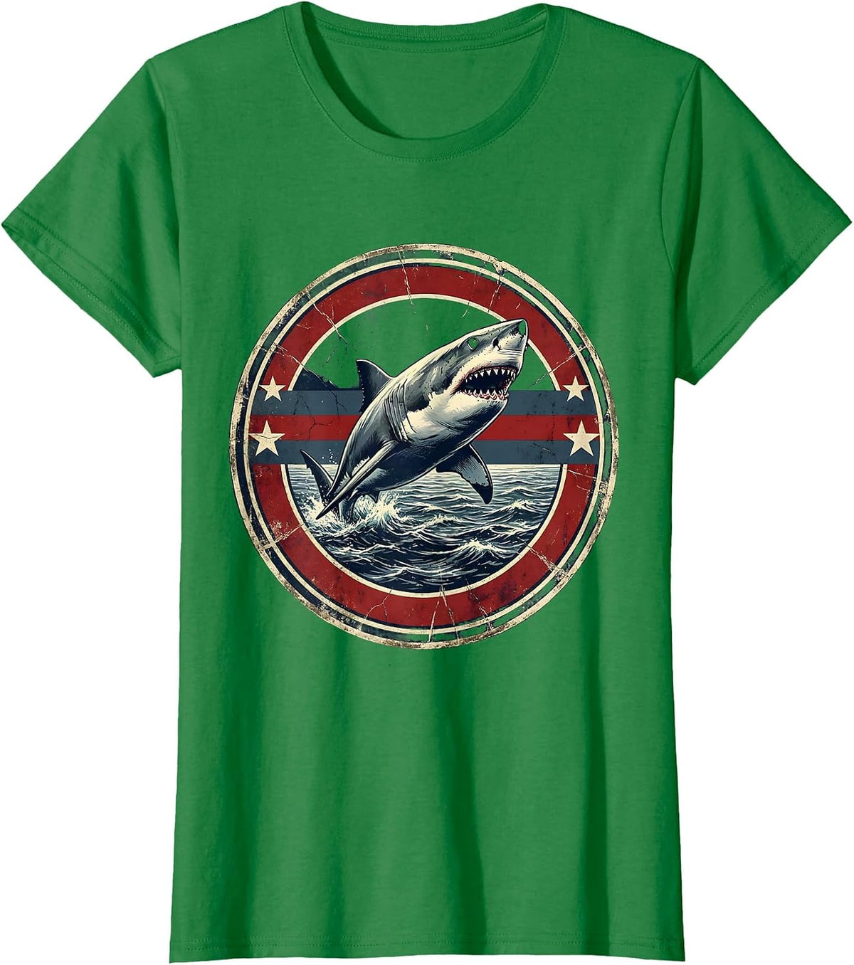 Great White Shark Breaching Ocean USA Design T-Shirt - Kelly Green