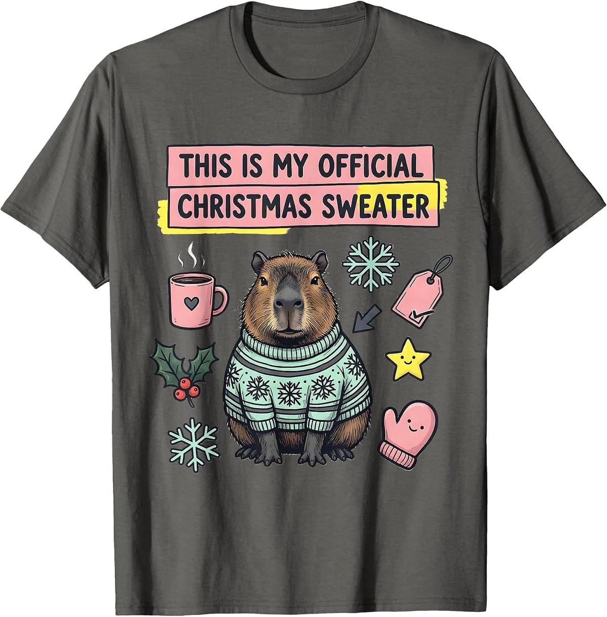 Men's This Is My Official Christmas Sweater Kawaii Doodle Capybara T-Shirt - Asphalt Grey