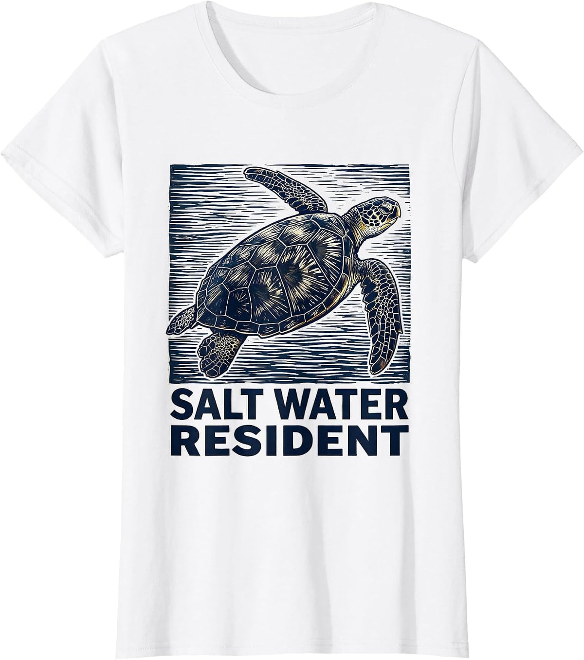 Women's Salt Water Resident Linocut Sea Turtle Tropical Vacation T-Shirt - White