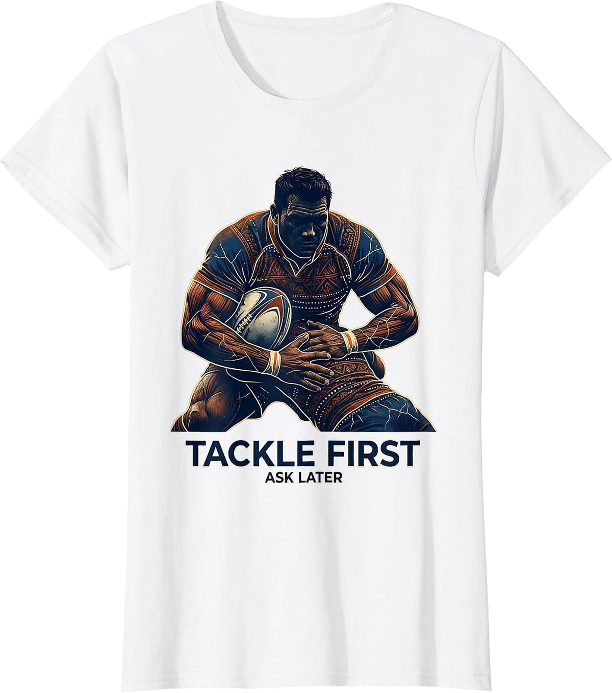 Tackle First Ask Later Rugby Graphic Design T-Shirt - White