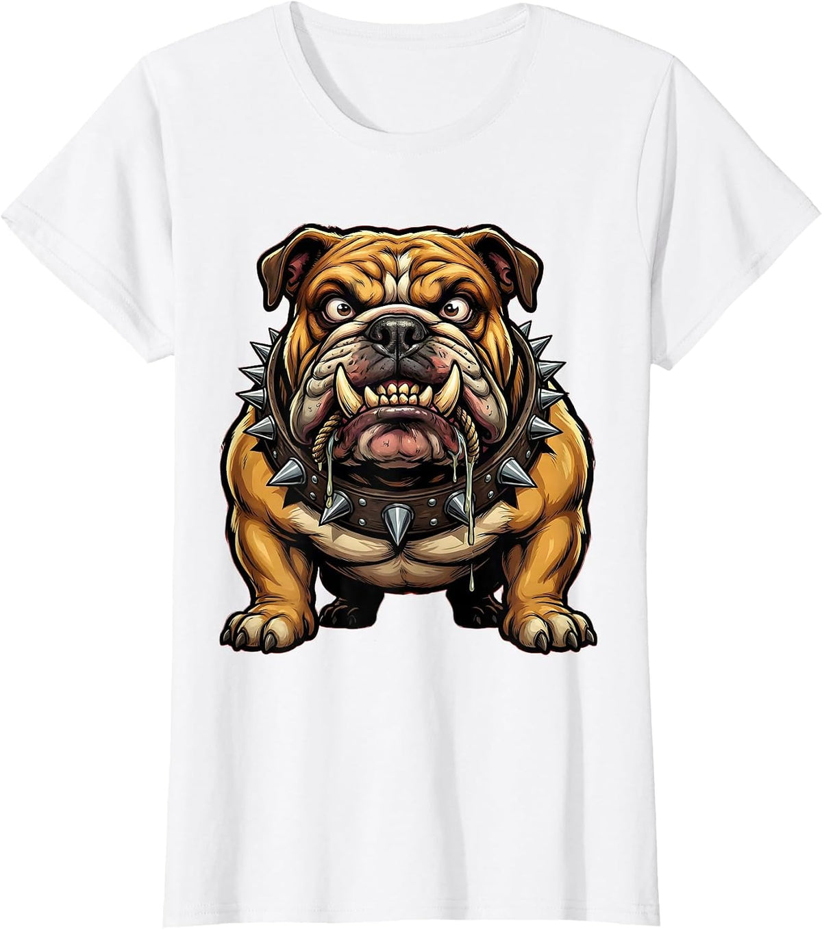 Drooling Bulldog Spiked Collar Graphic Tee T-Shirt - White
