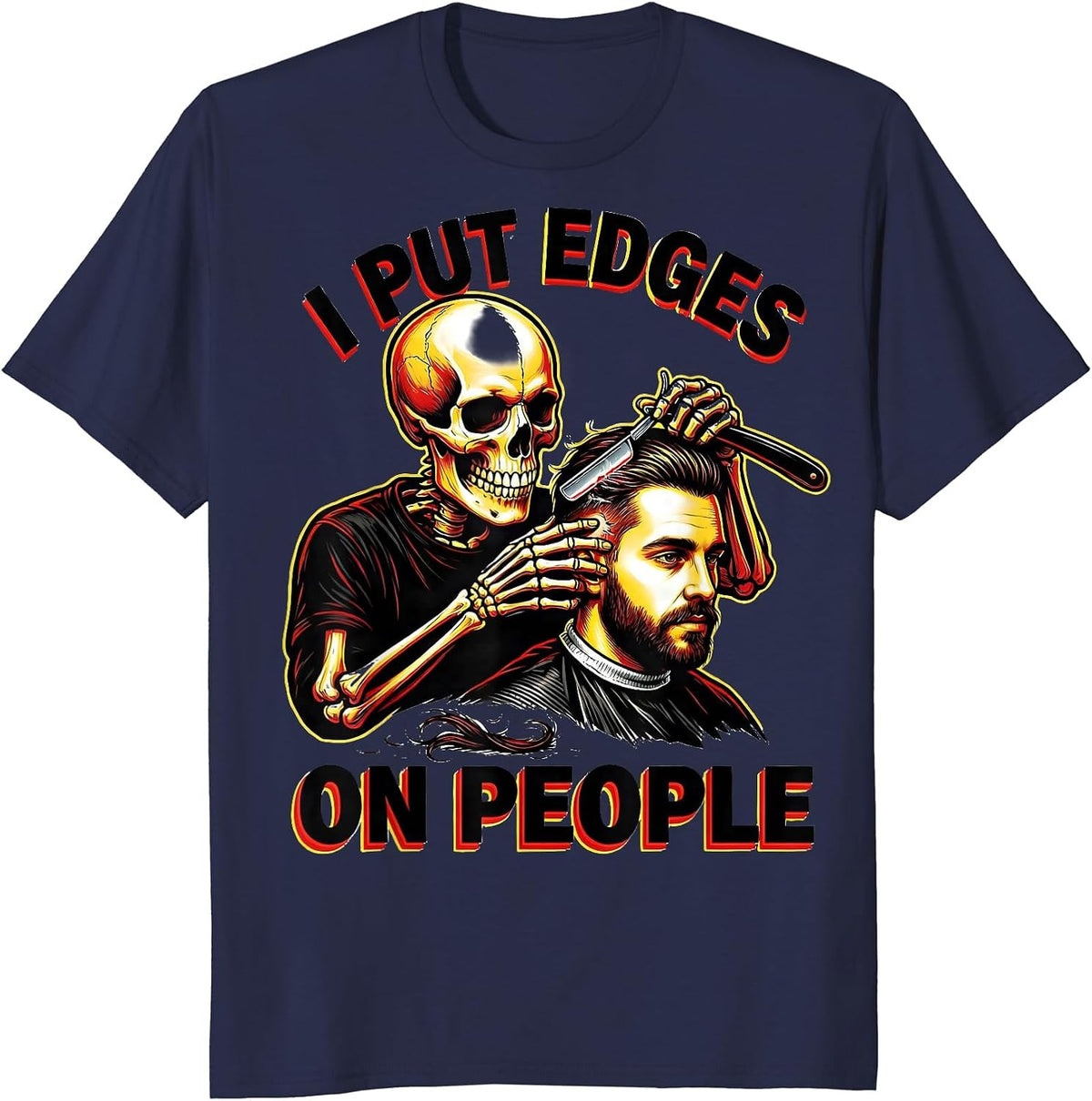 Men's I Put Edges On People Funny Skeleton Barber Halloween T-Shirt - Navy Blue