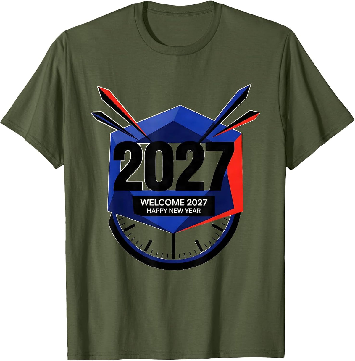 Men's Welcome 2027 Happy New Year Geometric Party Host Keepsake T-Shirt - Olive Green