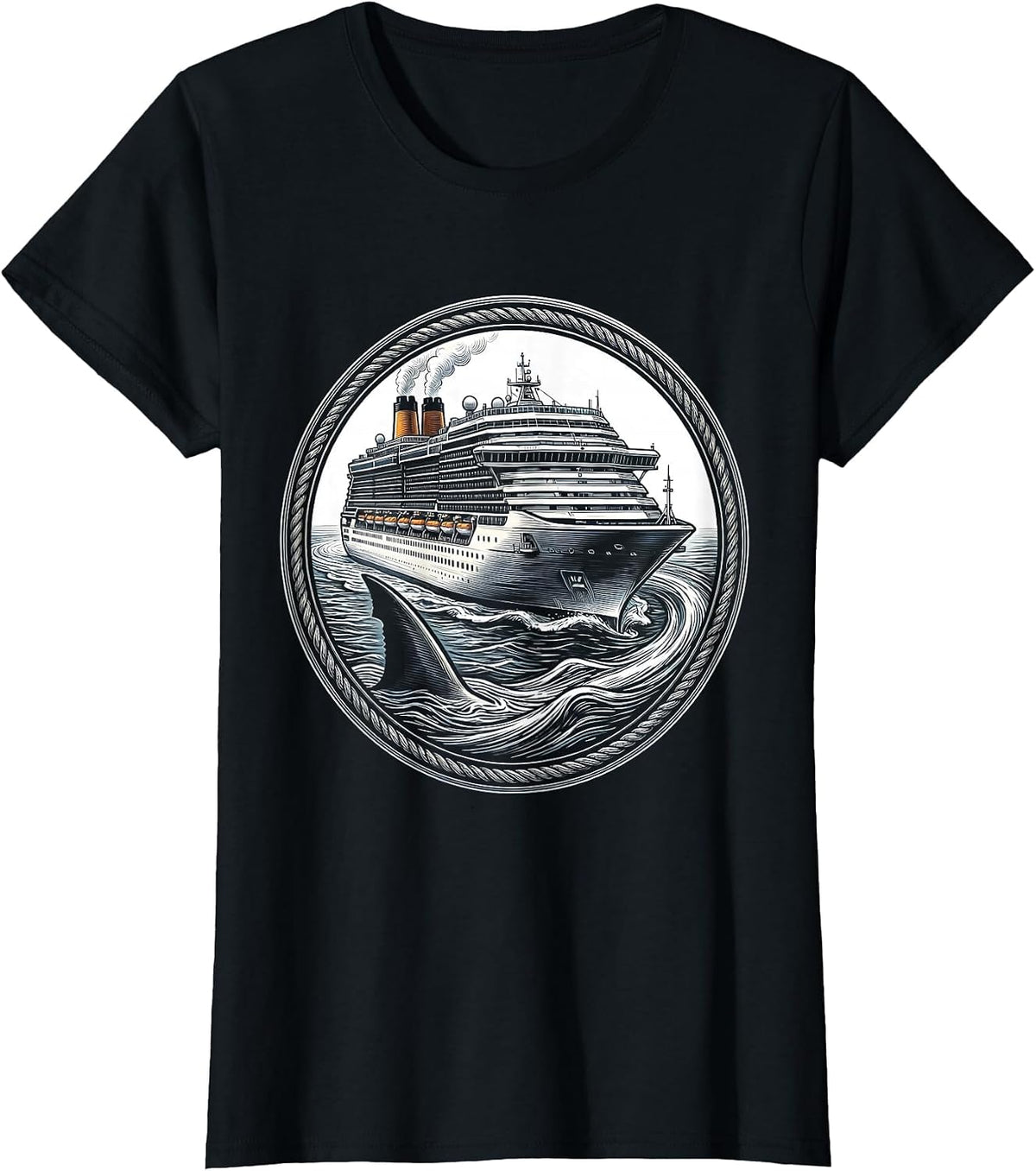 Women's Shark Fin Circling Luxury Cruise Ship T-Shirt - Black