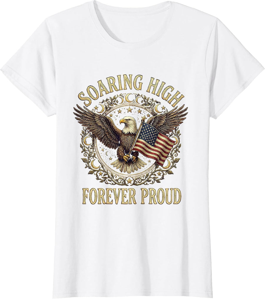 Women's Soaring High Forever Proud Veterans Day Eagle Design T-Shirt - White