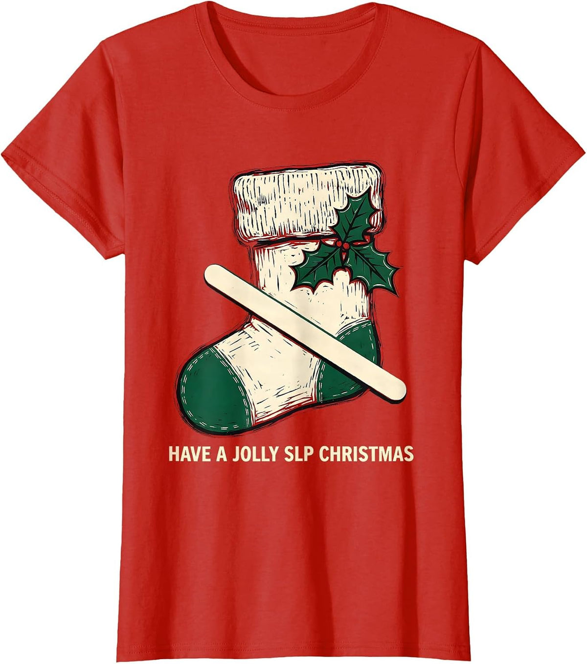 Have a Jolly SLP Christmas Linocut Speech Therapist Holiday T-Shirt - Red