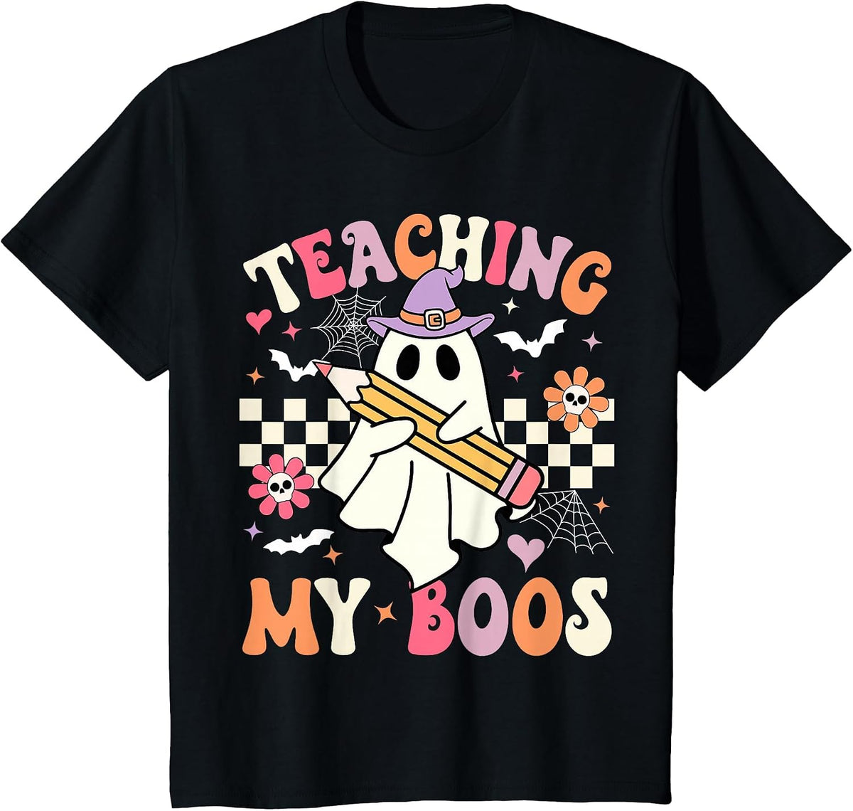 Teaching My Boos Teacher Cute Ghost Groovy Teacher Halloween T-Shirt - Black