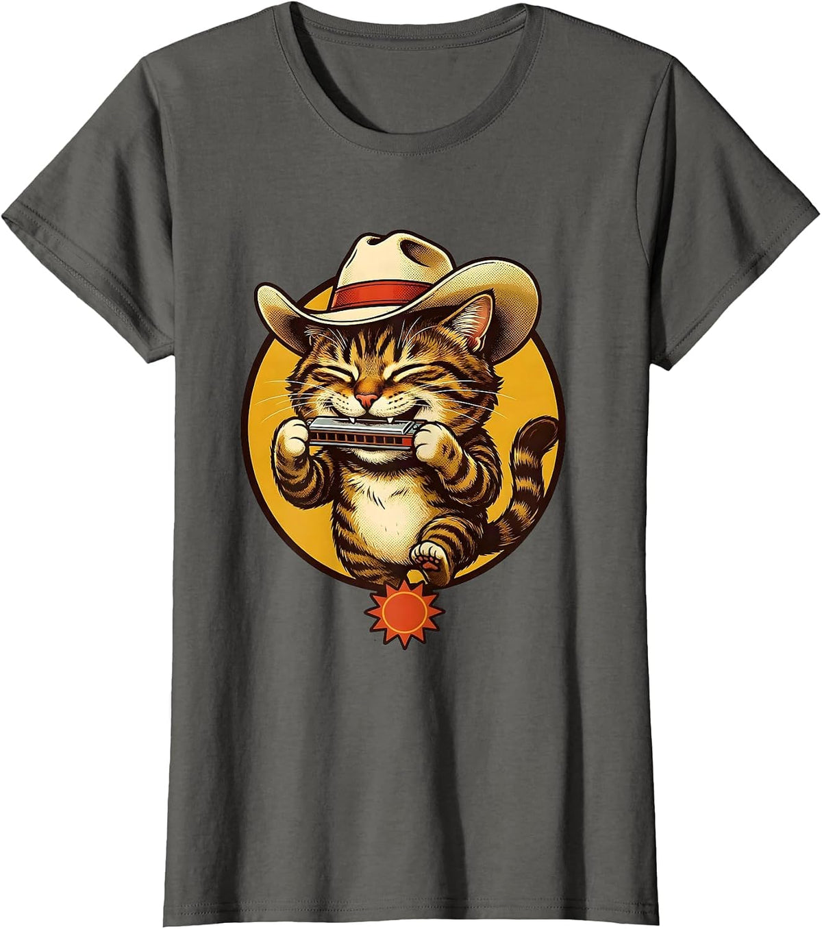 Women's Meowboys Tabby Cat Harmonica Cattleman Hat T-Shirt - Asphalt Grey