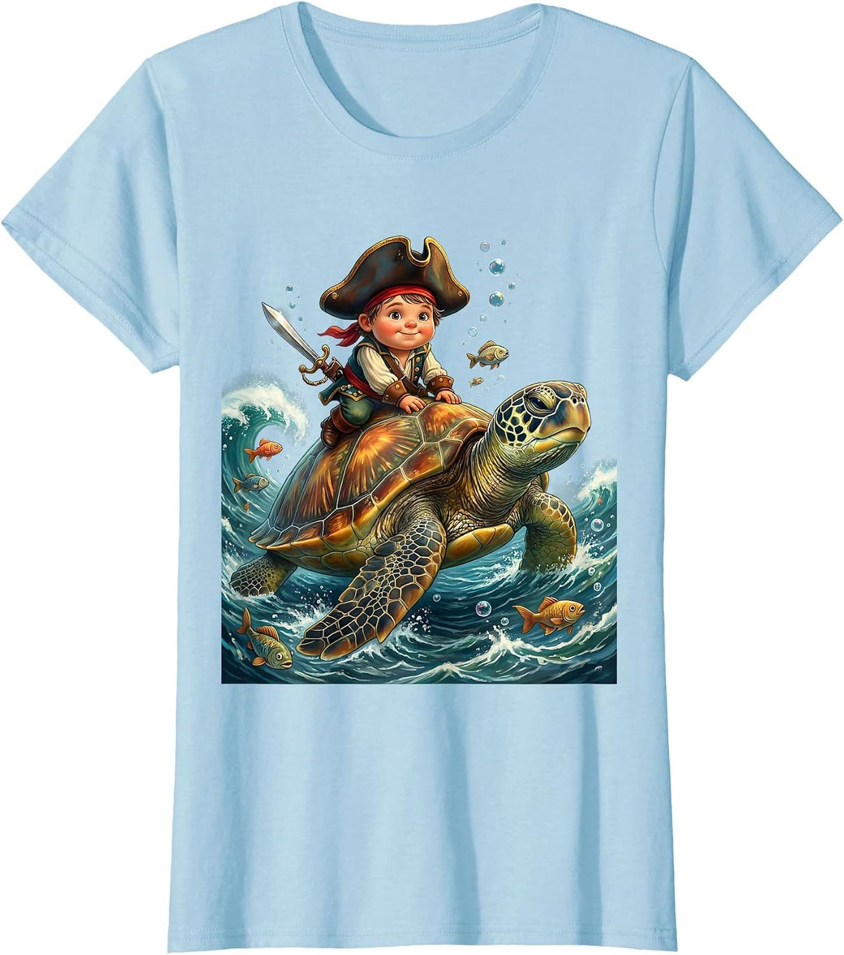 Tiny Pirate Riding a Giant Sea Turtle Kids Tee T-Shirt - Baby Blue