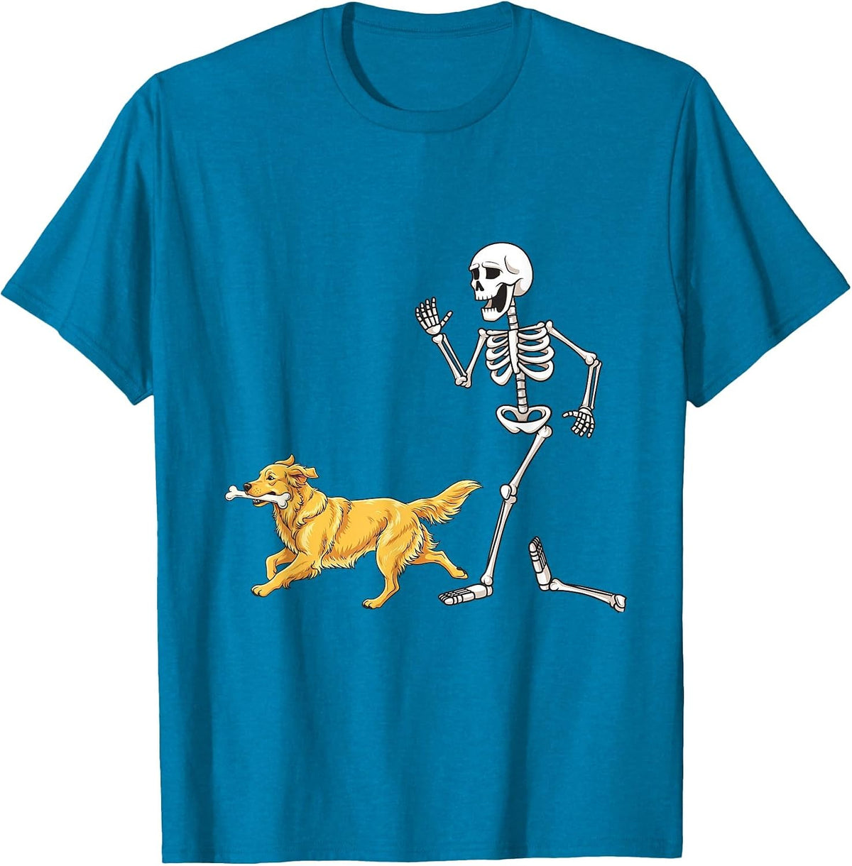 Funny Halloween Golden Retriever and Skeleton T-Shirt - Sapphire Blue