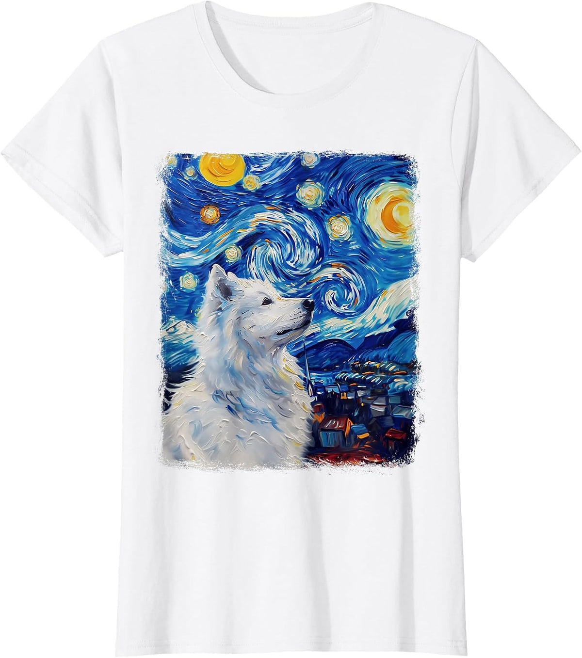 Samoyed Dog Starry Night Painting T-Shirt - White